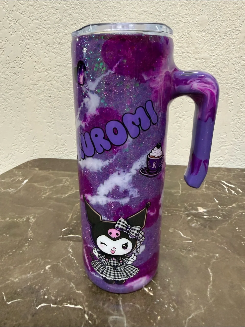 Sanrio Kuromi Purple Marble Glitter 20 oz Skinny Tumbler Cup Handmade